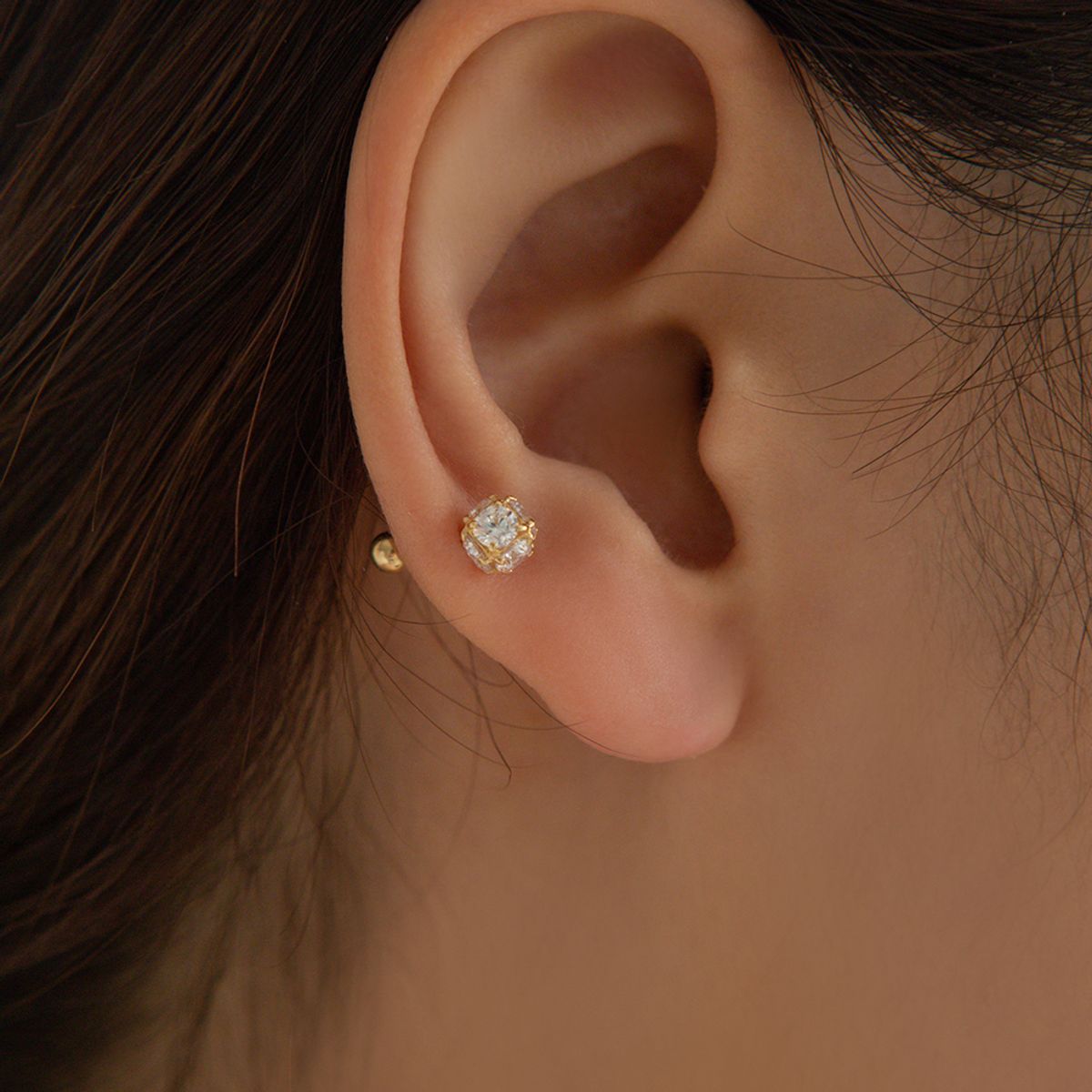 룬느(LUNNE) 14k 큐브볼 큐빅 피어싱 (바두께1mm) (14k골드) C06