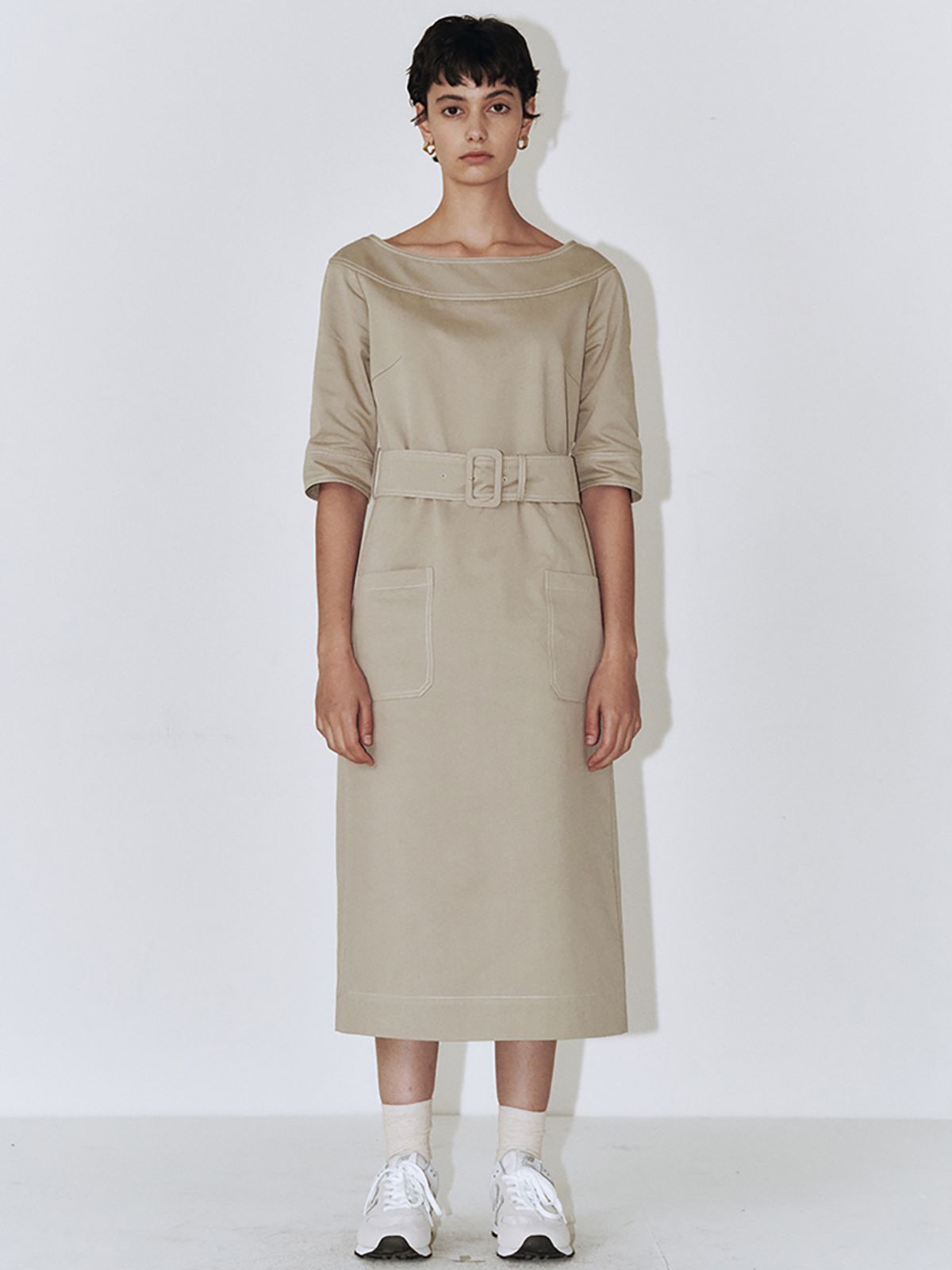 플로우먼(FLOWOMEN) Stitch Point Dress_Khaki Beige
