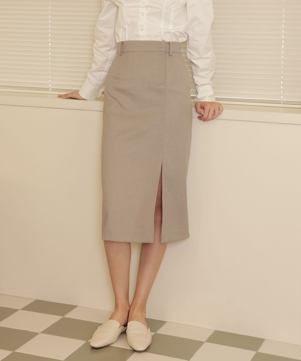 러브참(LOVECHARM) [제넷 펜슬 스커트_그레이 베이지]Jennet Pencil Skirt_Grey Beige
