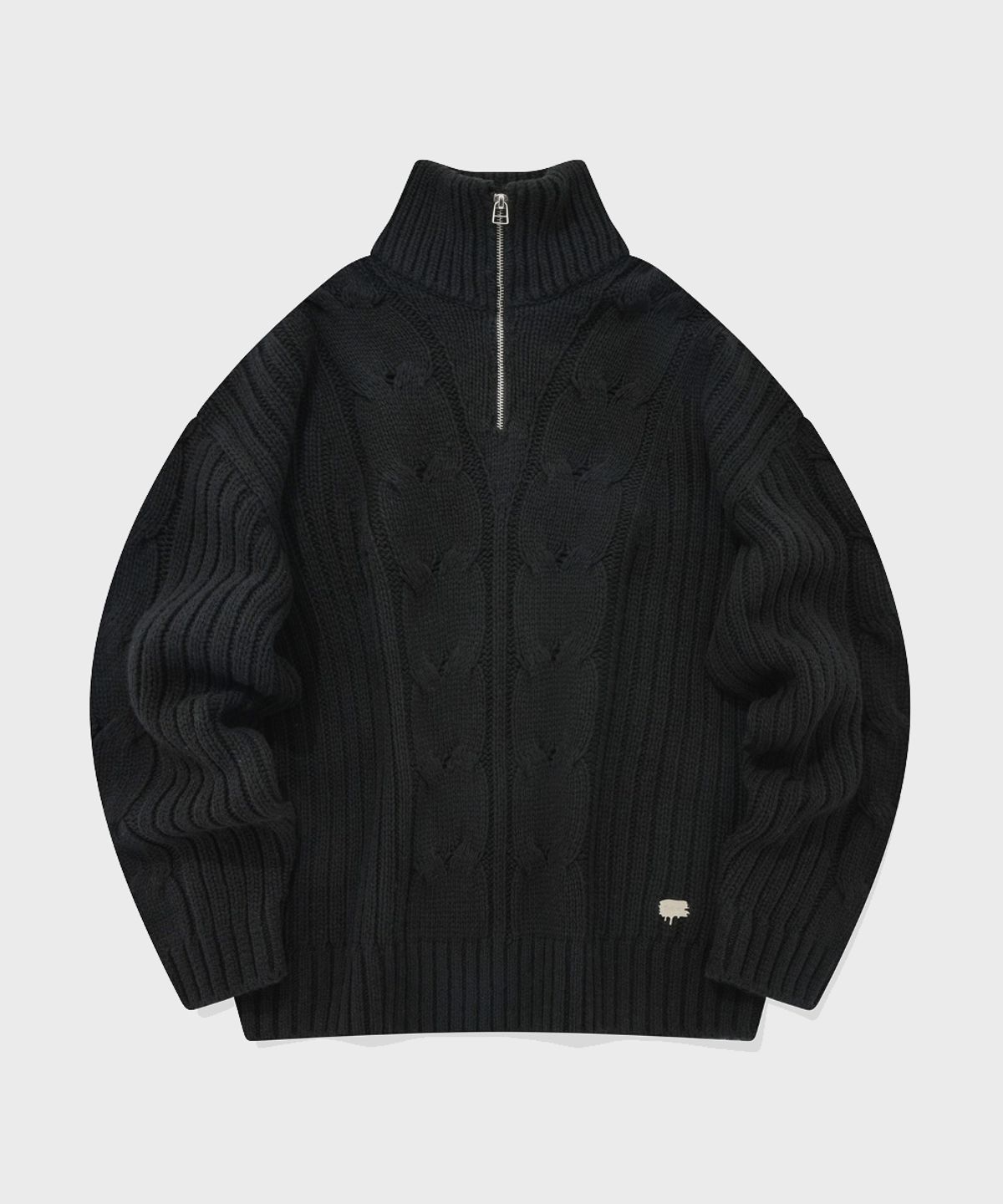 팔렛(FALLETT) 램스울 케이블 니트 하프 집업 블랙