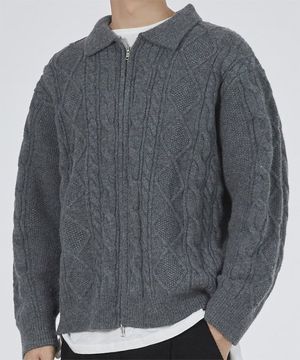 카라 케이블 니트 집업 그레이