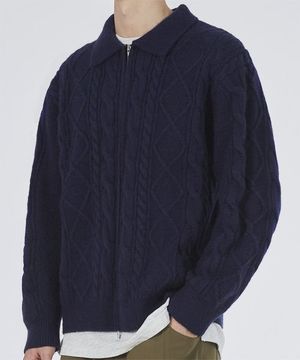 카라 케이블 니트 집업 네이비