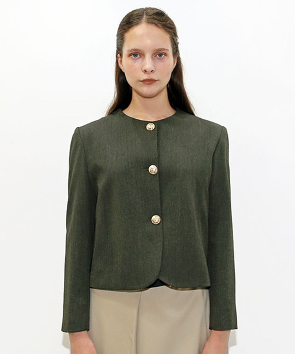 데미지니모닉(DAMAGE MNEMONIC) 라운드넥 포멀 카키 자켓_ Round neck Formal Khaki JK