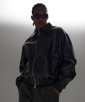 투웨이 오버핏 블루종 페이크 레더 자켓 (블랙)