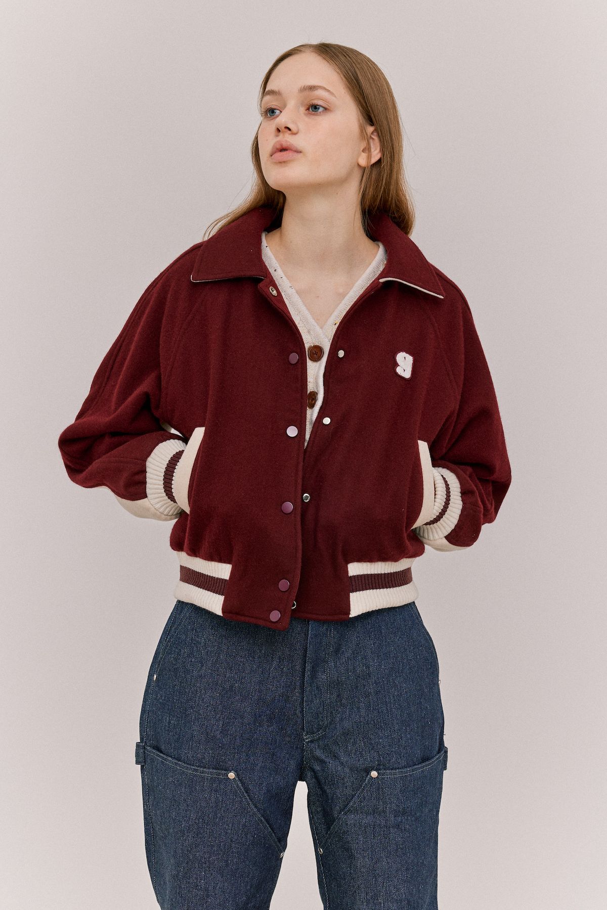그리미(GREEMY) LOVE HEART VARSITY JACKET - BURGUNDY