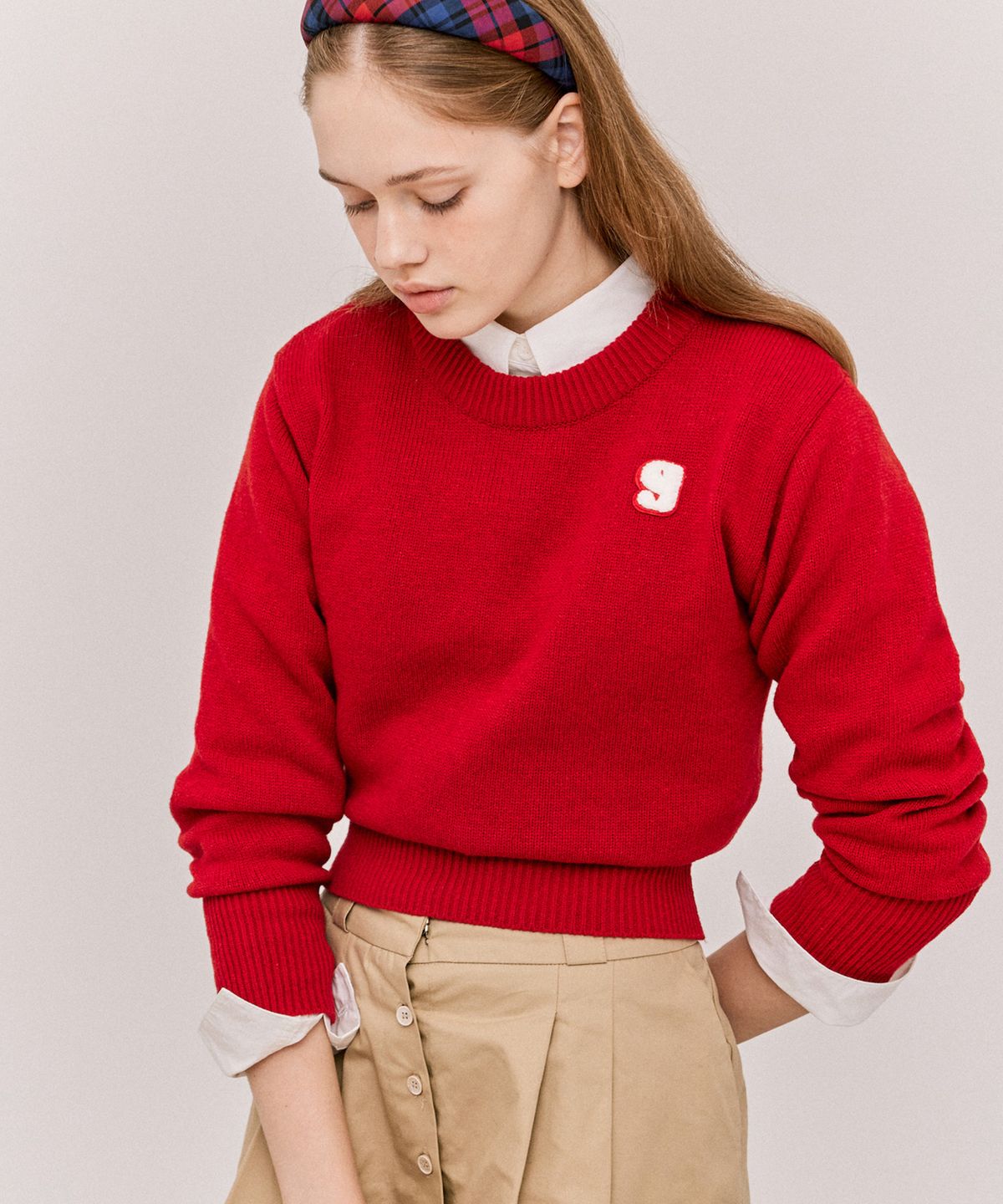 그리미(GREEMY) G LOGO ROUND NECK KNIT - RED