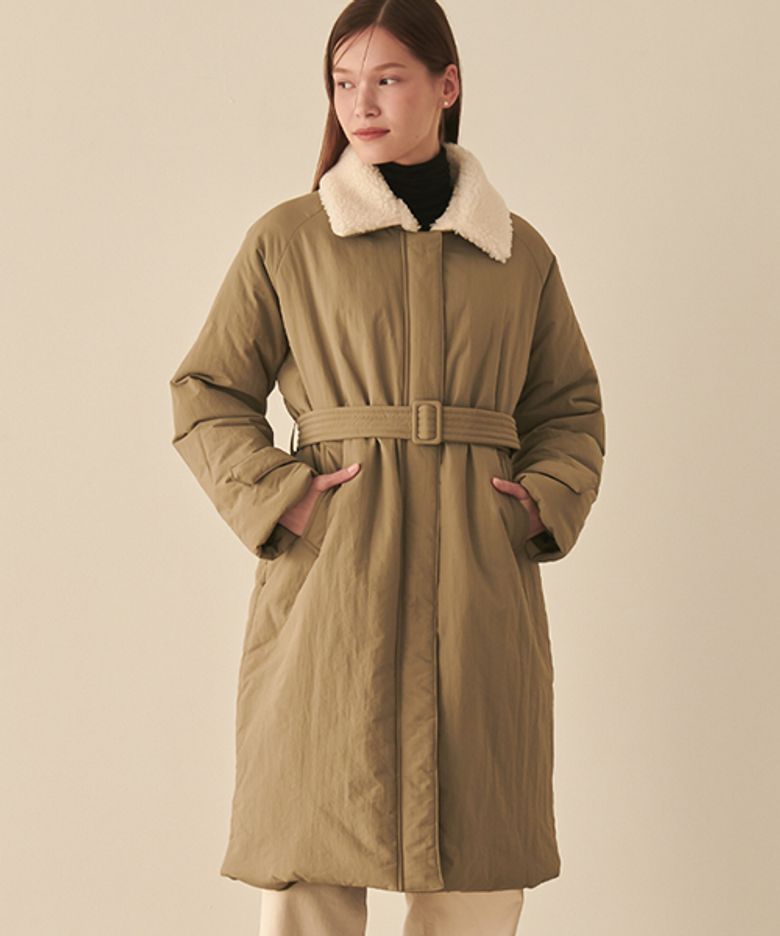 BELTED PADDING COAT Khaki Beige
