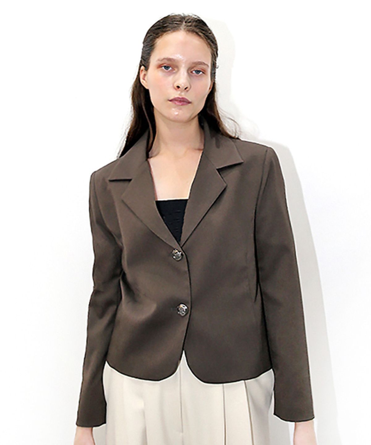 데미지니모닉(DAMAGE MNEMONIC) 투버튼 브라운 크롭 자켓 _ Two Button Brown Crop JK