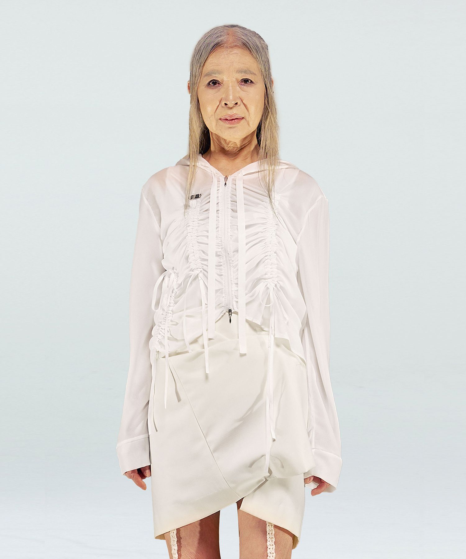 誕生日プレゼント MUSINSA | NACHE SHIRRING CHIFFON HOODIE ZIP-UP WHITE トップス