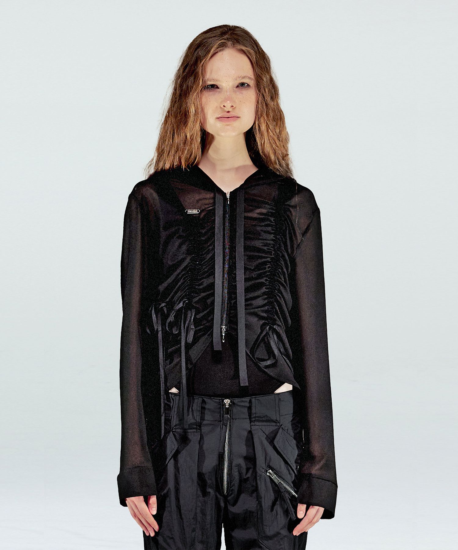 【NACHE】 SHIRRING CHIFFON HOODIE ZIP-UP MUSINSA | NACHE SHIRRING CHIFFON HOODIE ZIP-UP BLACK