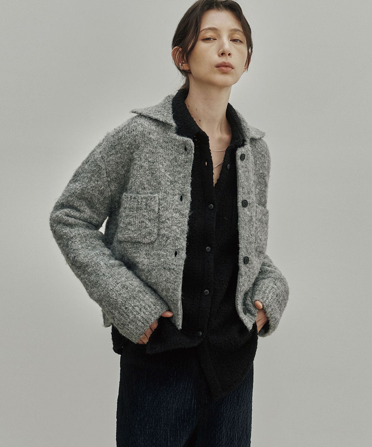 노이어 포 우먼(NOIRER FOR WOMAN) 울 테리 폴로 니트 자켓 (그레이)