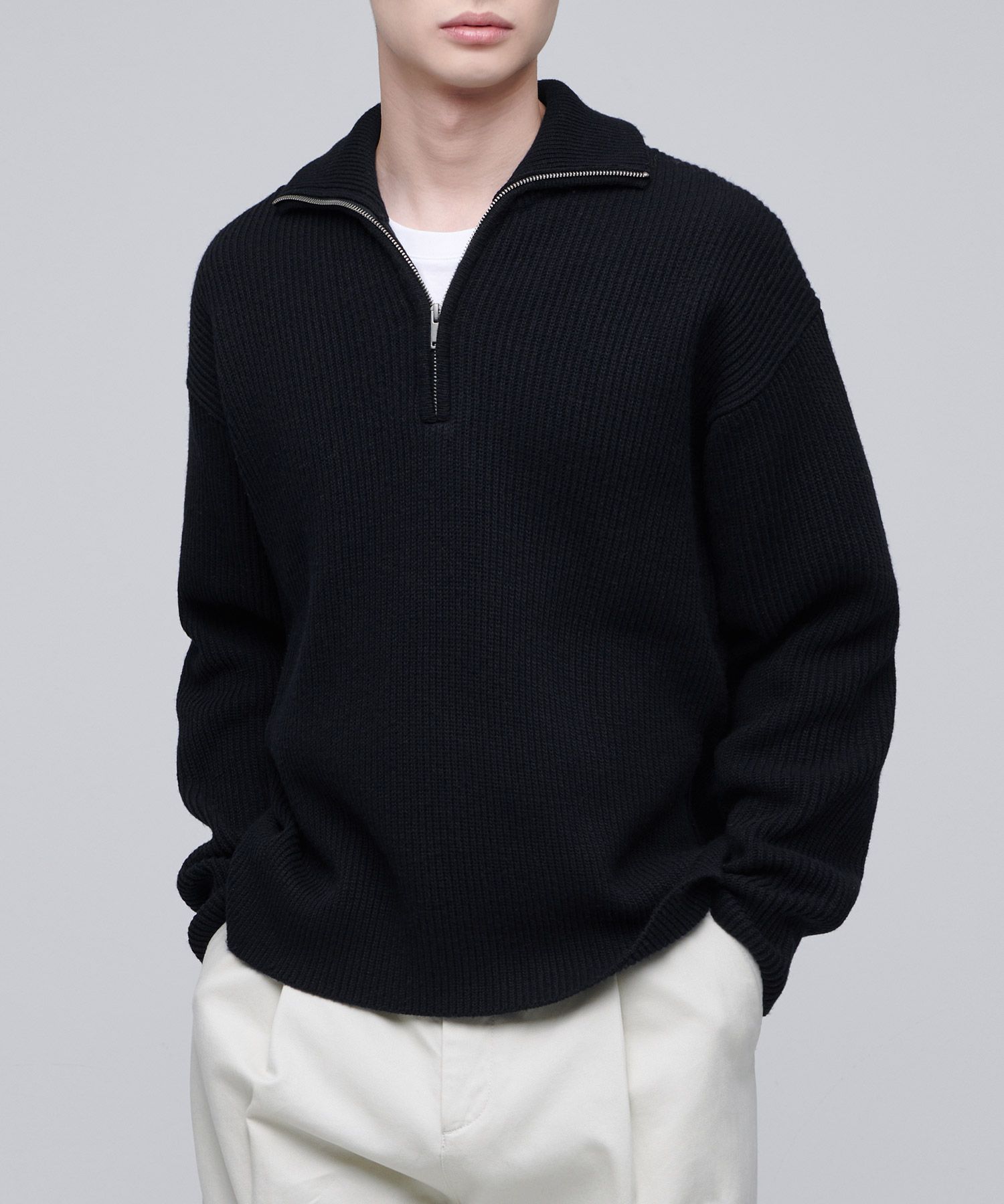 MUSINSA | MUSINSA STANDARD Relaxed Ribbed Half Zip-Up Knit [Black]