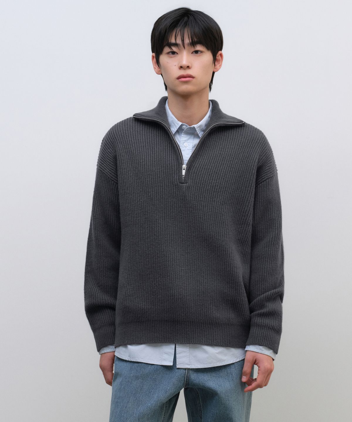 무신사 스탠다드(MUSINSA STANDARD) 릴렉스드 리브드 하프 집업 니트 [그레이]