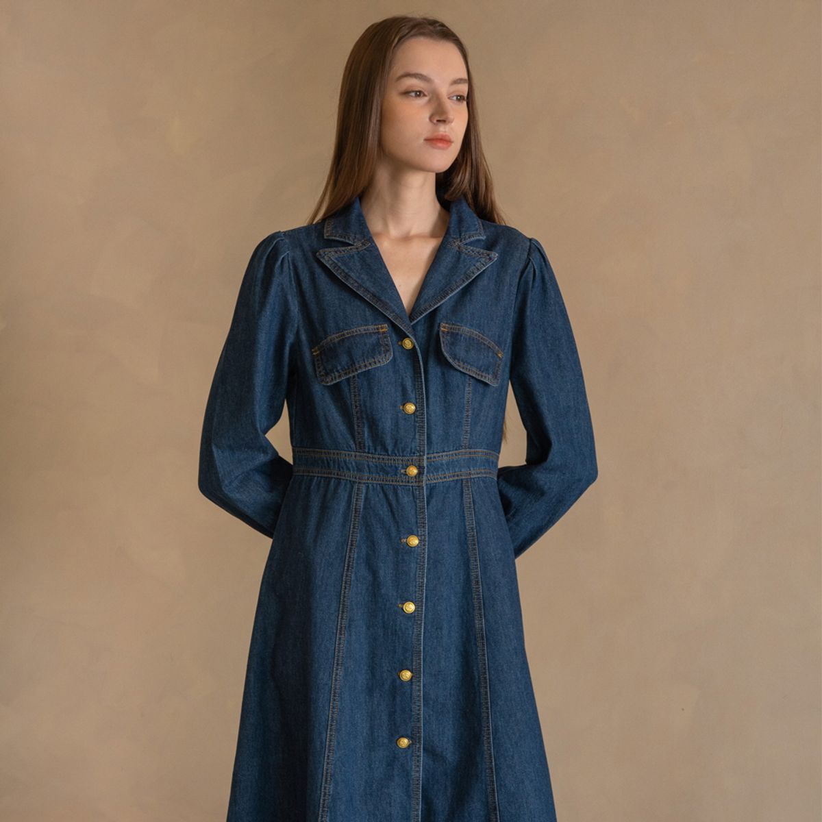 웬스데이딜라잇(WEDNESDAY DELIGHT) WED Indigo flat lapel denim flare long dress