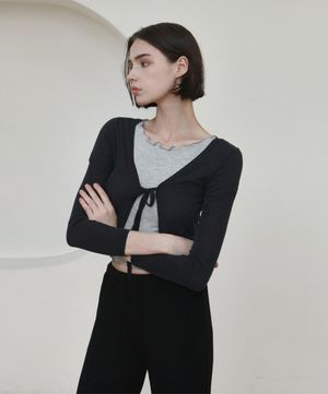 여성 요가복 DEVI-T0063-차콜 필라테스 리본 크롭 가디건