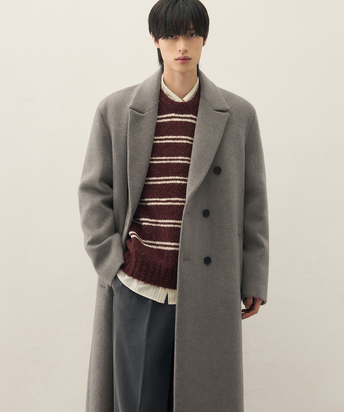 드로우핏(DRAW FIT) 프리미어 퓨어 울 로브 더블 코트 [MELANGE TAUPE]