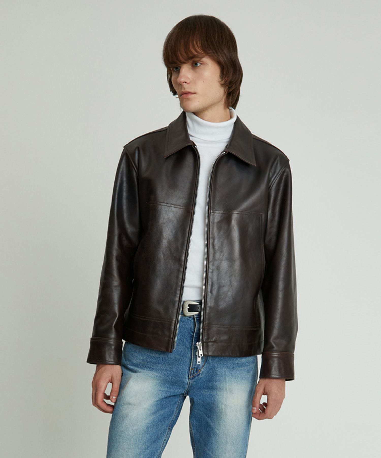 MUSINSA公式 | ANDROS Double Pocket Cow Leathr Jacket (Deep Brown)
