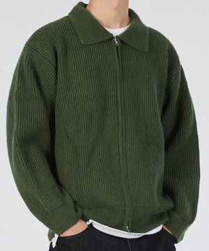 투웨이 헤비 골지 카라 니트 집업 카키