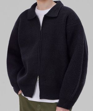 투웨이 헤비 골지 카라 니트 집업 블랙