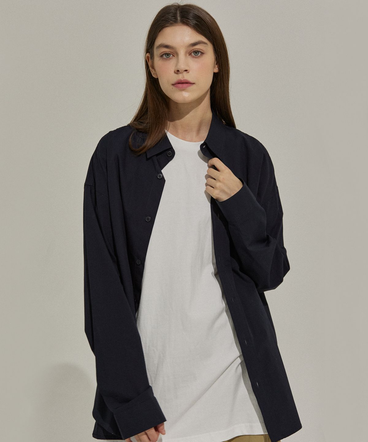 팔랩(PALAP) 스퀘어 립조직 오버핏 셔츠_PL21F8SH001_D/NAVY