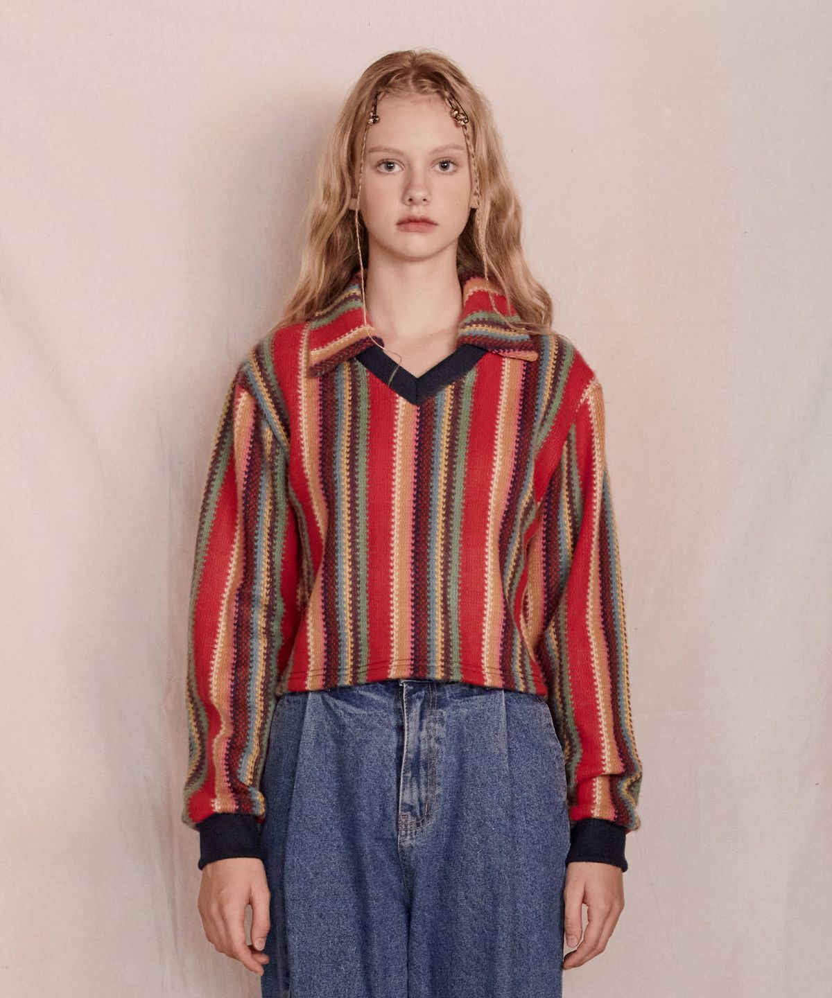 파베르핑거(FABER FINGER) Open Collar Stripe Knit (Red)