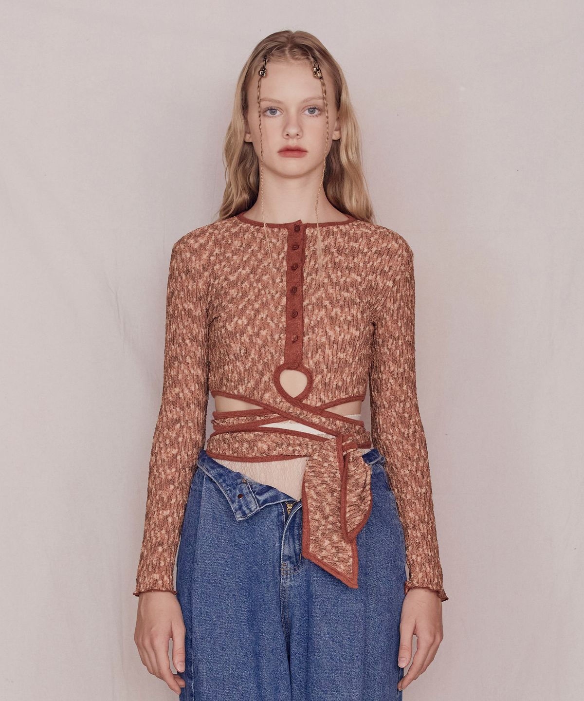 파베르핑거(FABER FINGER) Waist Strap Wrinkle Cardigan (Wine)