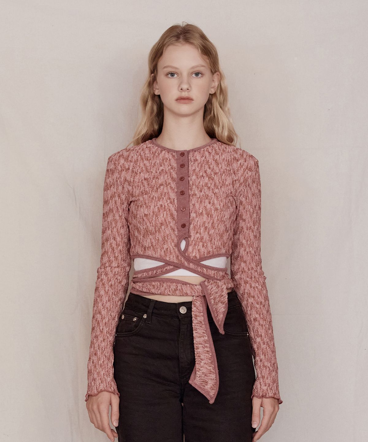 파베르핑거(FABER FINGER) Waist Strap Wrinkle Cardigan (Pink)
