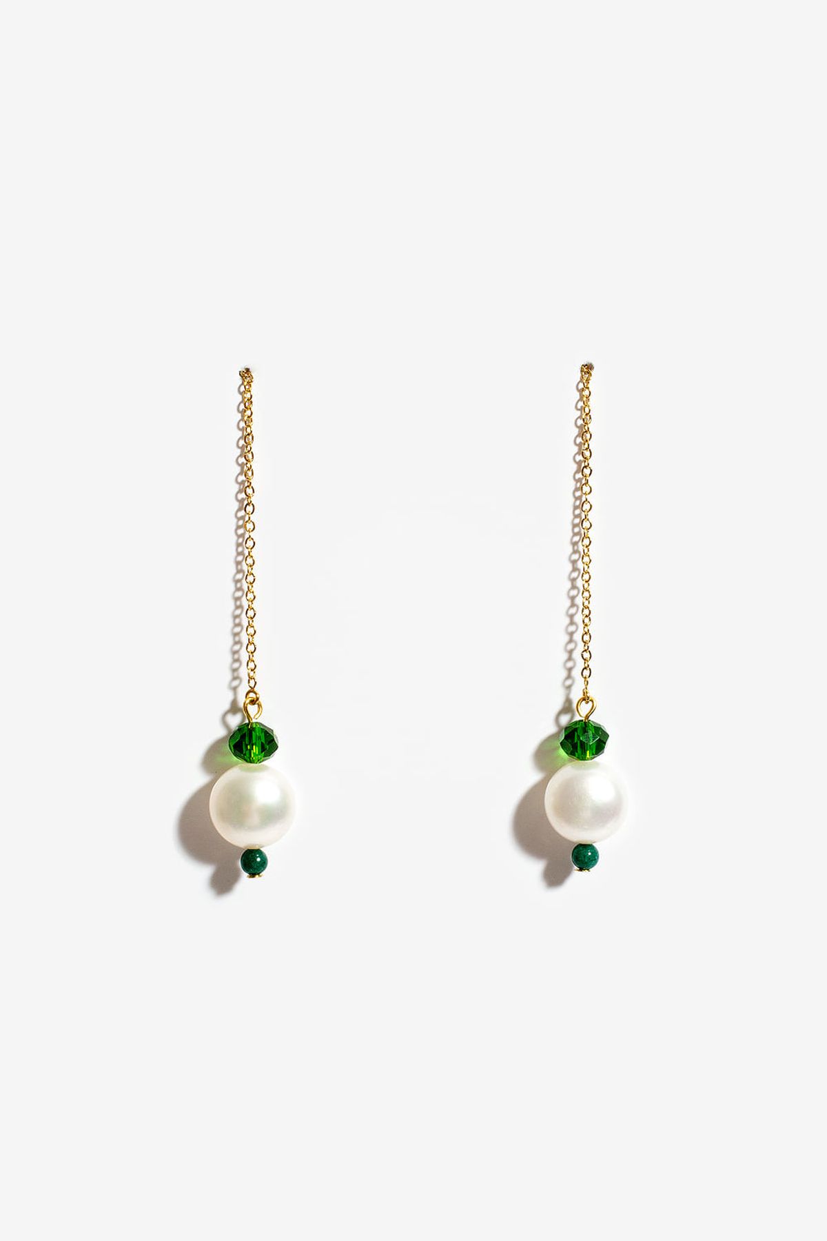 모드곤(MODGONE) 담수진주 & 청마노 롱 체인 귀걸이 Fresh Water Pearl & Green Agate Long Chain Earrings