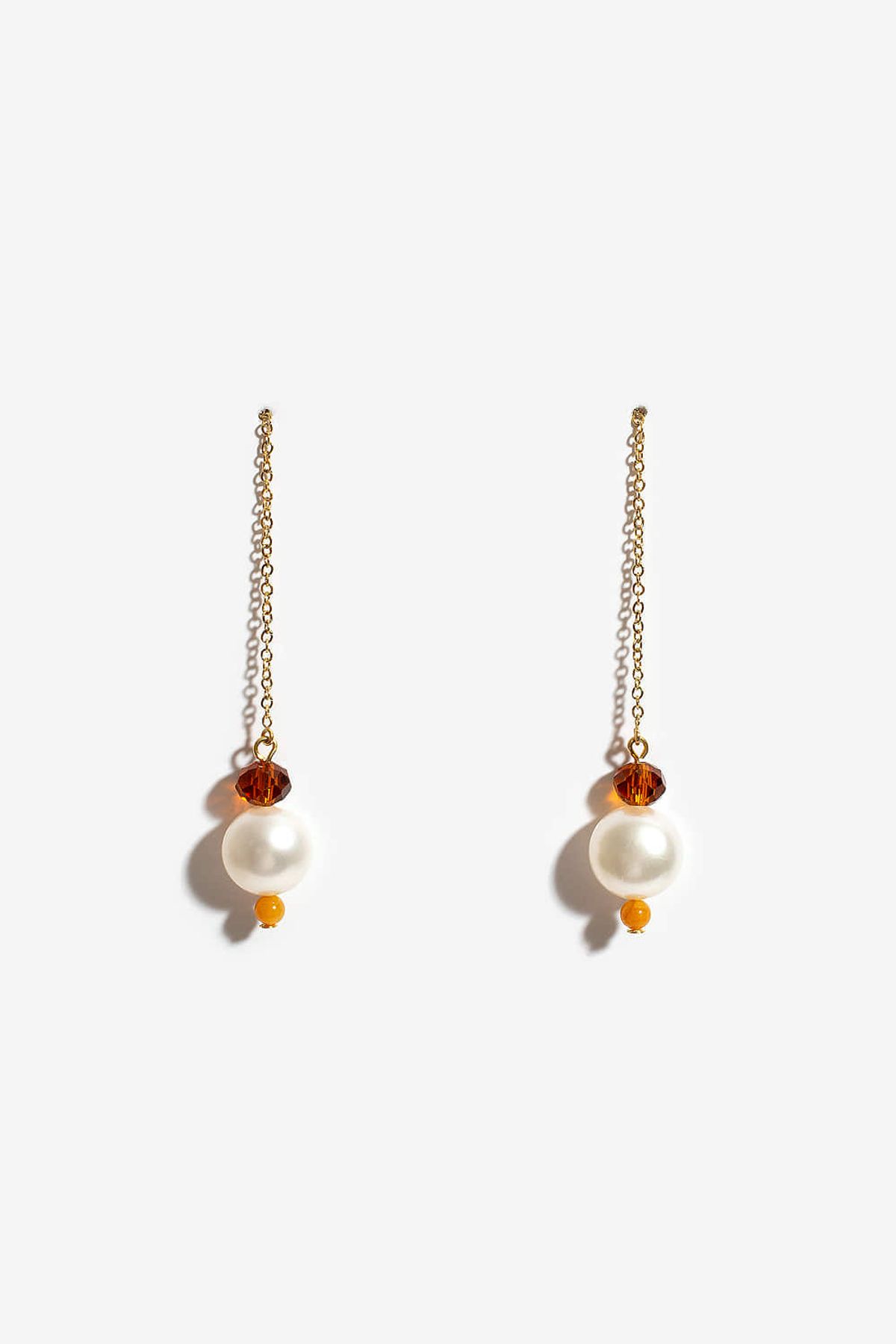 모드곤(MODGONE) 담수진주 & 황옥 롱 체인 귀걸이 Fresh Water Pearl & Yellow Jade Long Chain Earrings