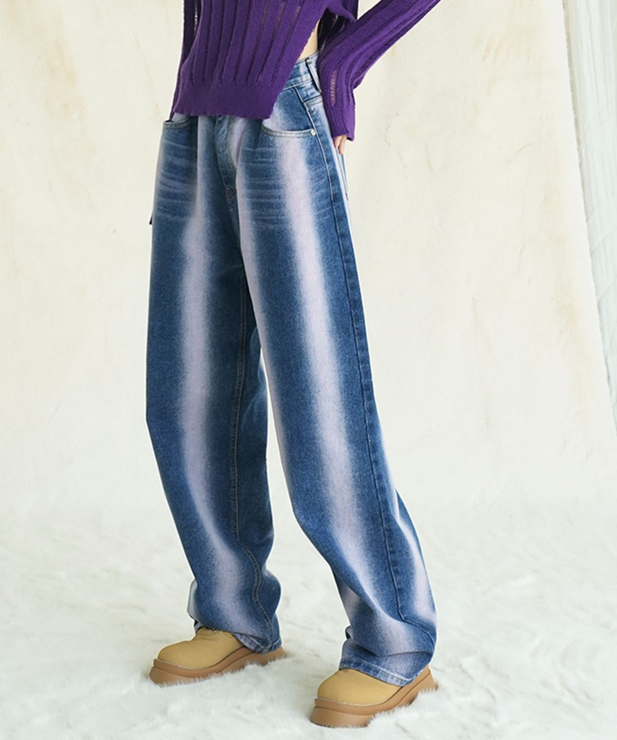어반드레스(AVANDRESS) Vertical Line Buckle Denim Pants PURPLE