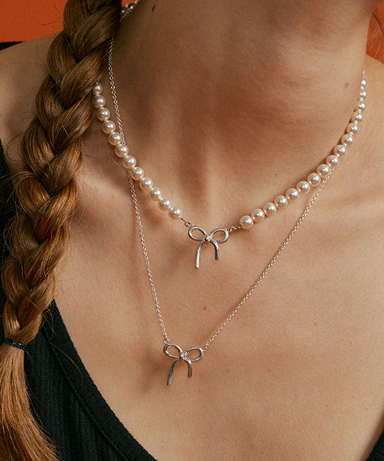 Beau silver ribbon & pearl Necklace[2style]