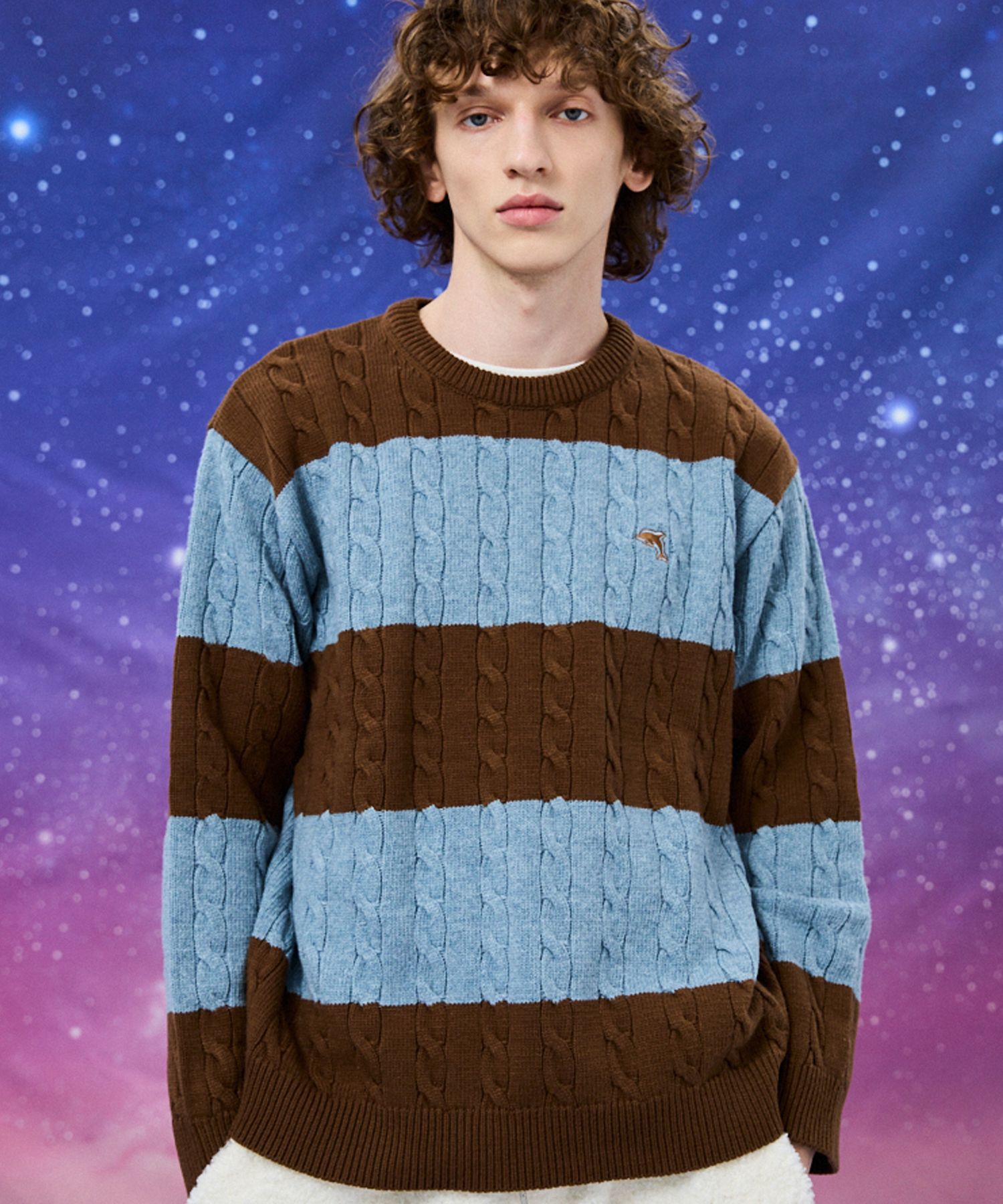 WAI KEI◆Big dolphin logo stripe crew neck knit MUSINSA | WAI KEI Dolphin Big Stripe Cable Knit Sweater Brown