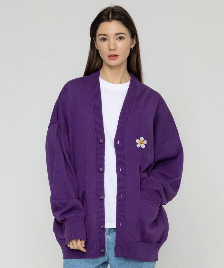 [UNISEX]플라워도트 자수 니트 가디건_퍼플