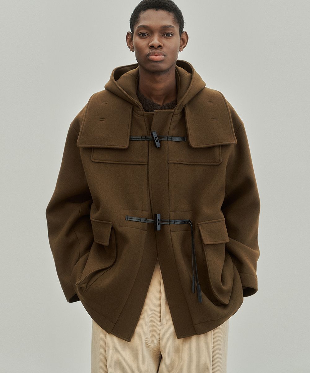 MUSINSA | NOIRER Overfit Hooded Duffel Half Coat (Brown)