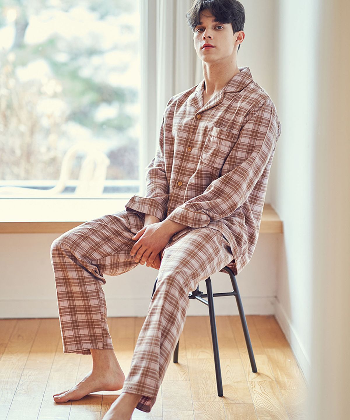 이루시다(IRUSIDA) [면/폴리] 핑크브라운 체크 페어 긴팔 세트 잠옷