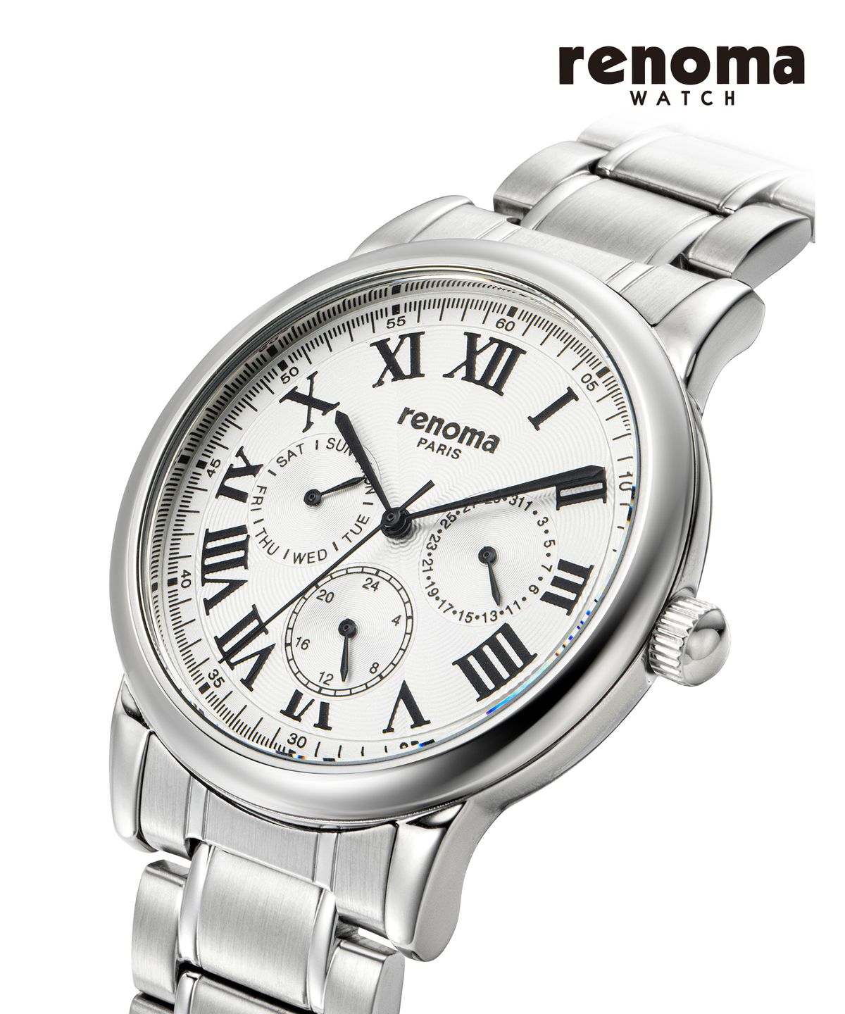 레노마 시계(RENOMA WATCH) RE-605 멀티 기능 남성 메탈 손목시계 화이트