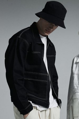 미니멀 스티치 데님 트러커 집업 자켓 (블랙)