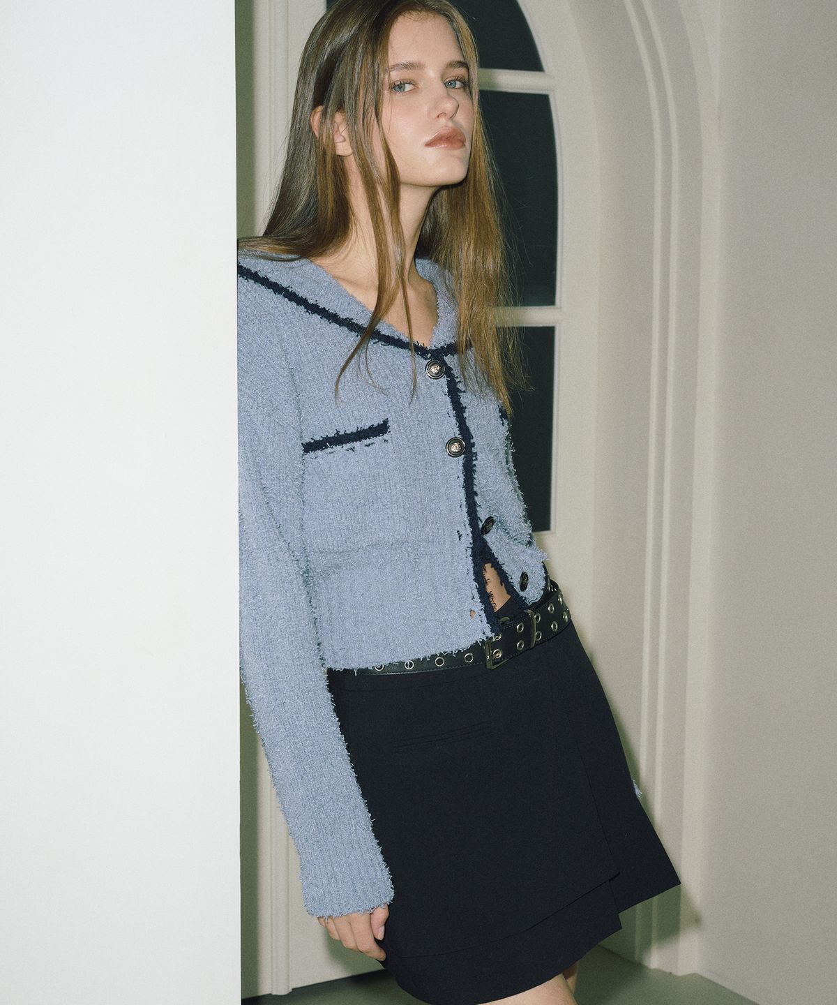 에트몽(ETMON) Shawl Sailor Collar Knit Cardigan  Blue