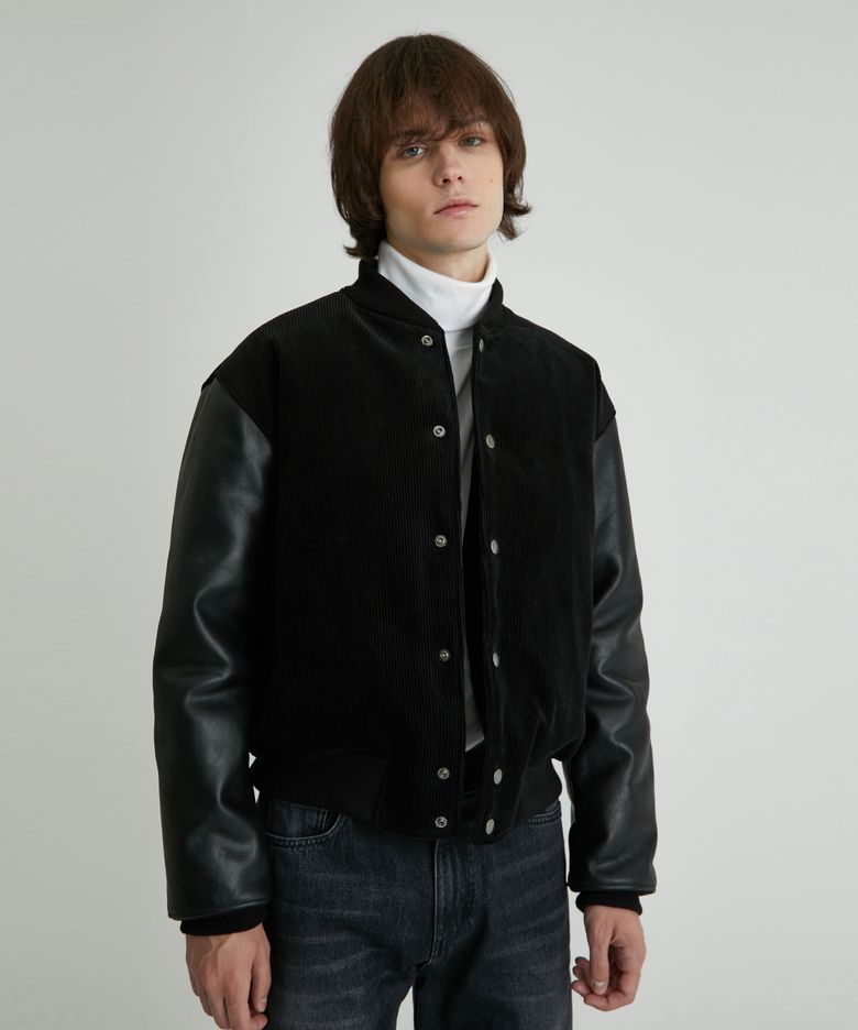 Corduroy Calf Leather Crop Down Jumper (Black)