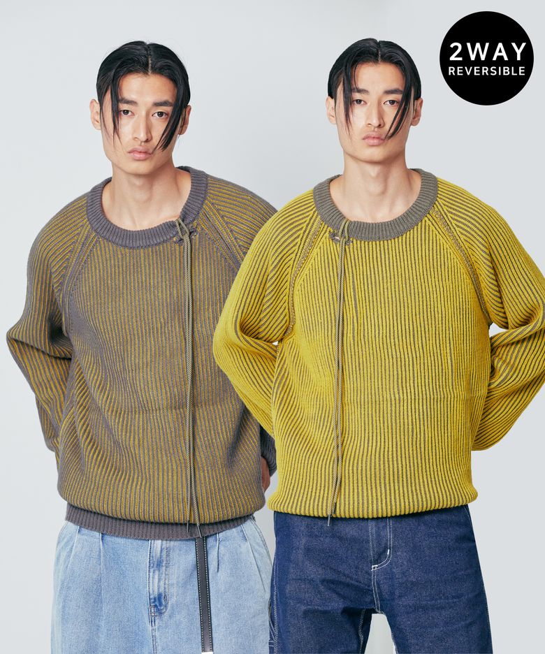 더블린 리버서블 루즈핏 래글런 니트 옐로우 그레이