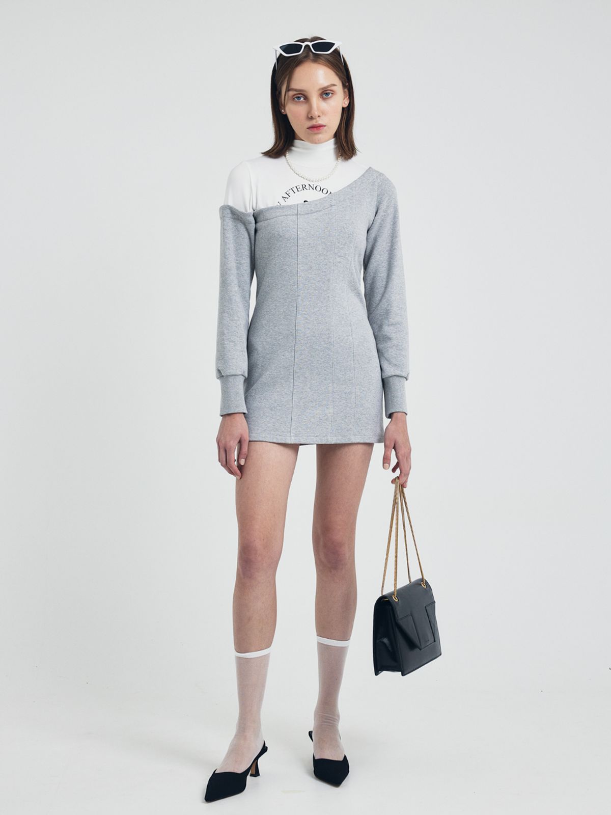 쎄이연(SAYYEON) Turtle Neck Double Layered Mini Dress Melange Gray