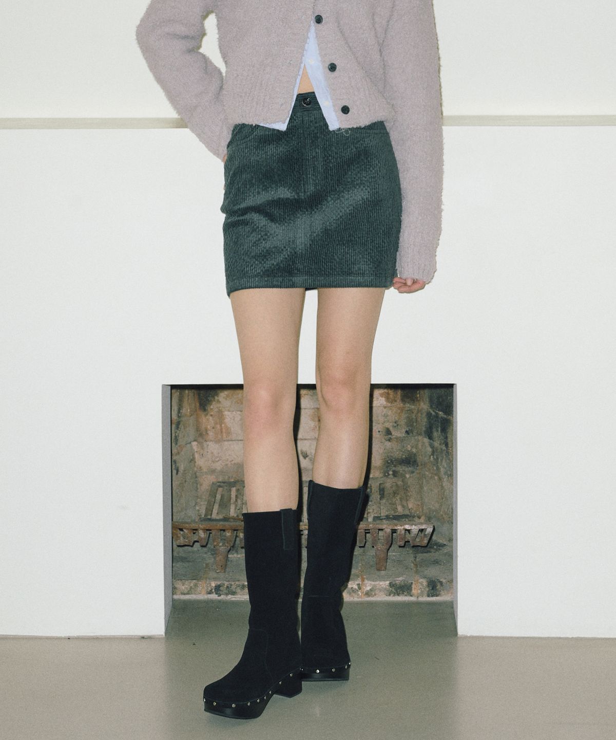 에트몽(ETMON) Corduroy Mini Skirt  Blue Green