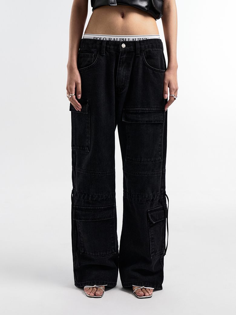 SIDE STRING CARGO PANTS BLACK