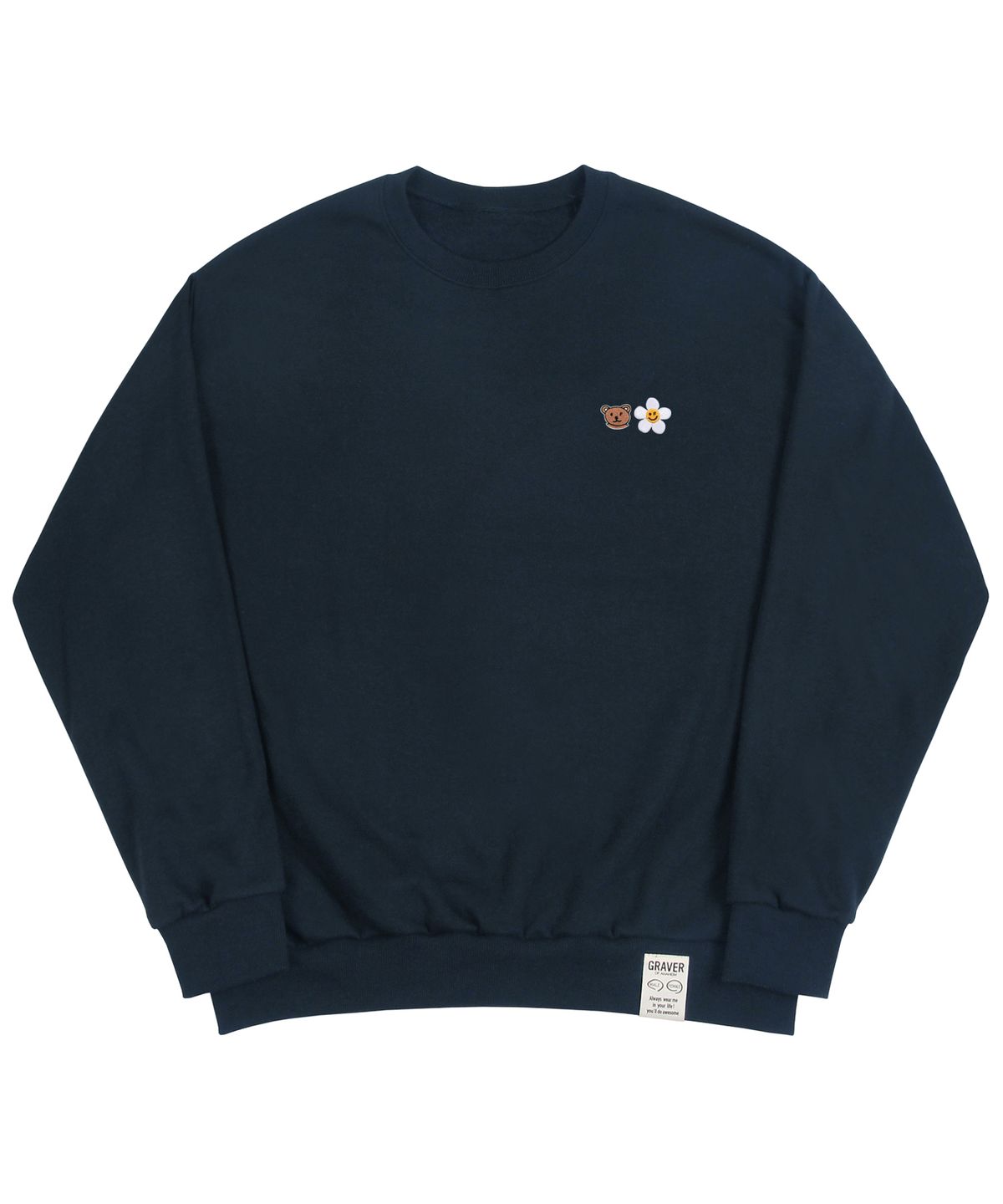 그레이버(GRAVER) [UNISEX]스몰 플라워 베어 페이스 자수 스마일 맨투맨_네이비