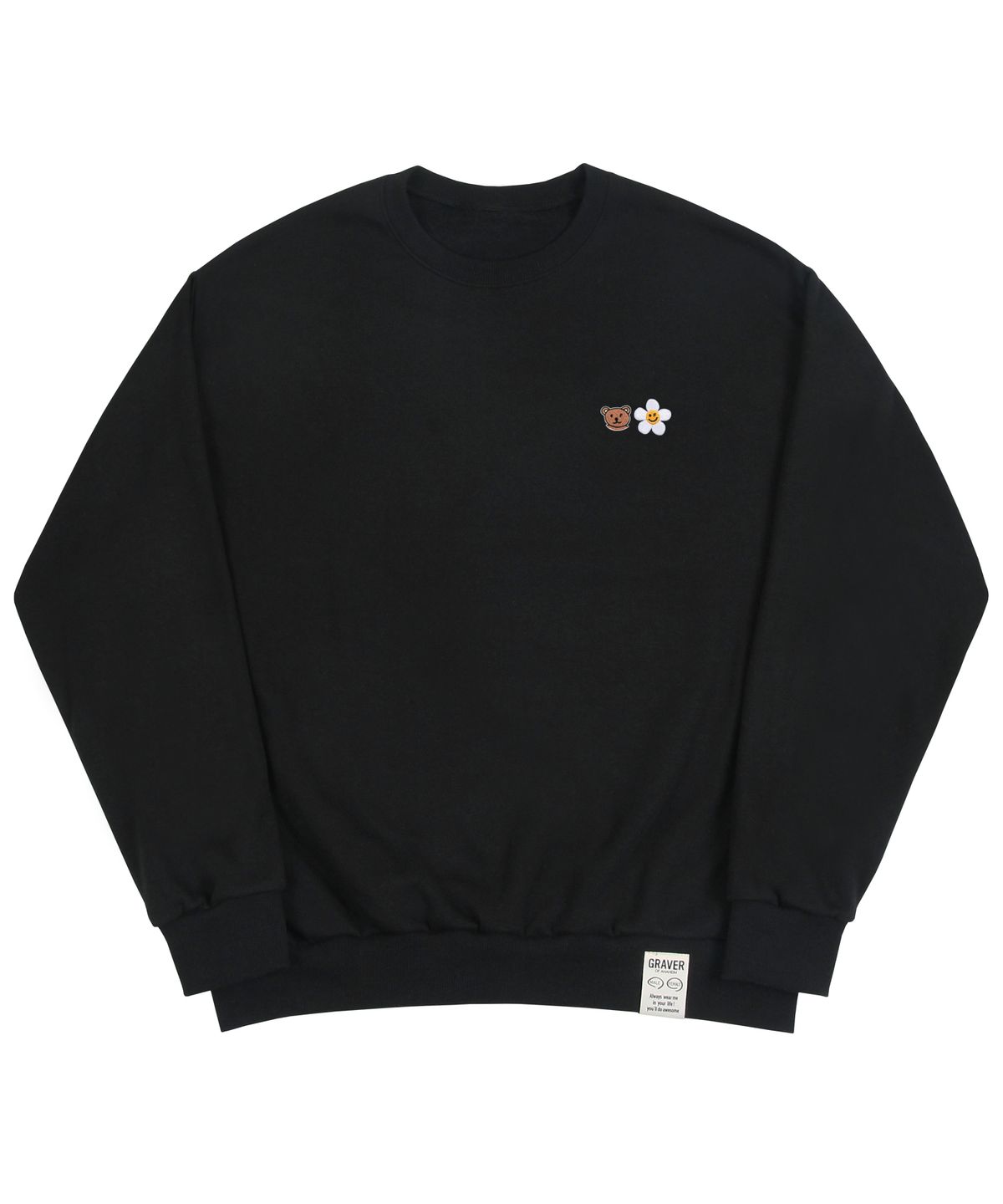 그레이버(GRAVER) [UNISEX]스몰 플라워 베어 페이스 자수 스마일 맨투맨_블랙