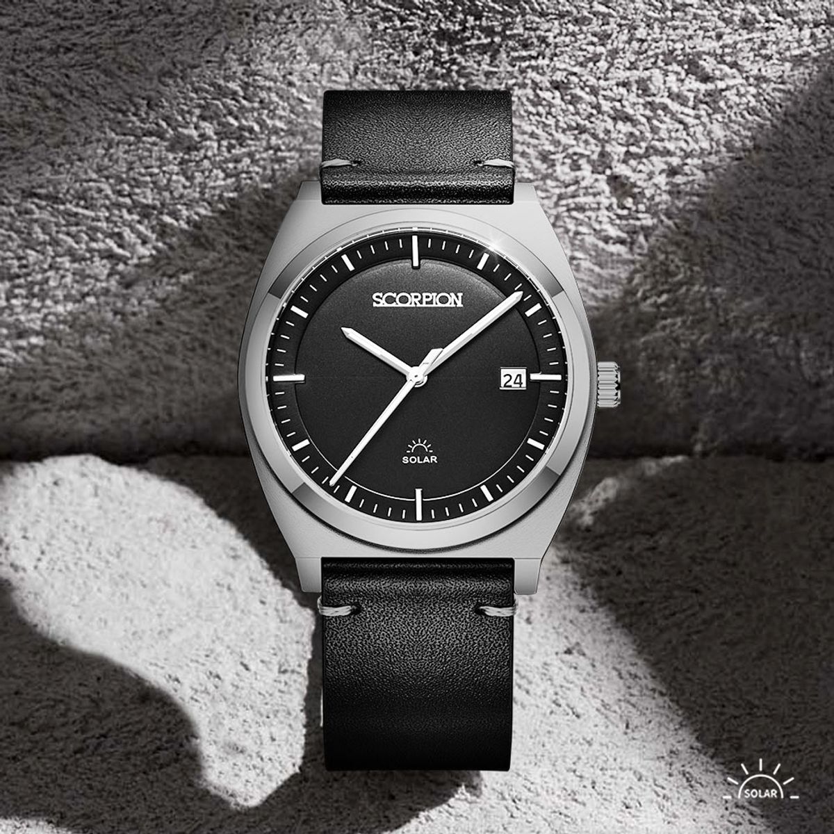 스콜피온(SCORPION) 38mm 빛 충전 솔라 무브먼트 남성 가죽 손목시계 S3L-BK