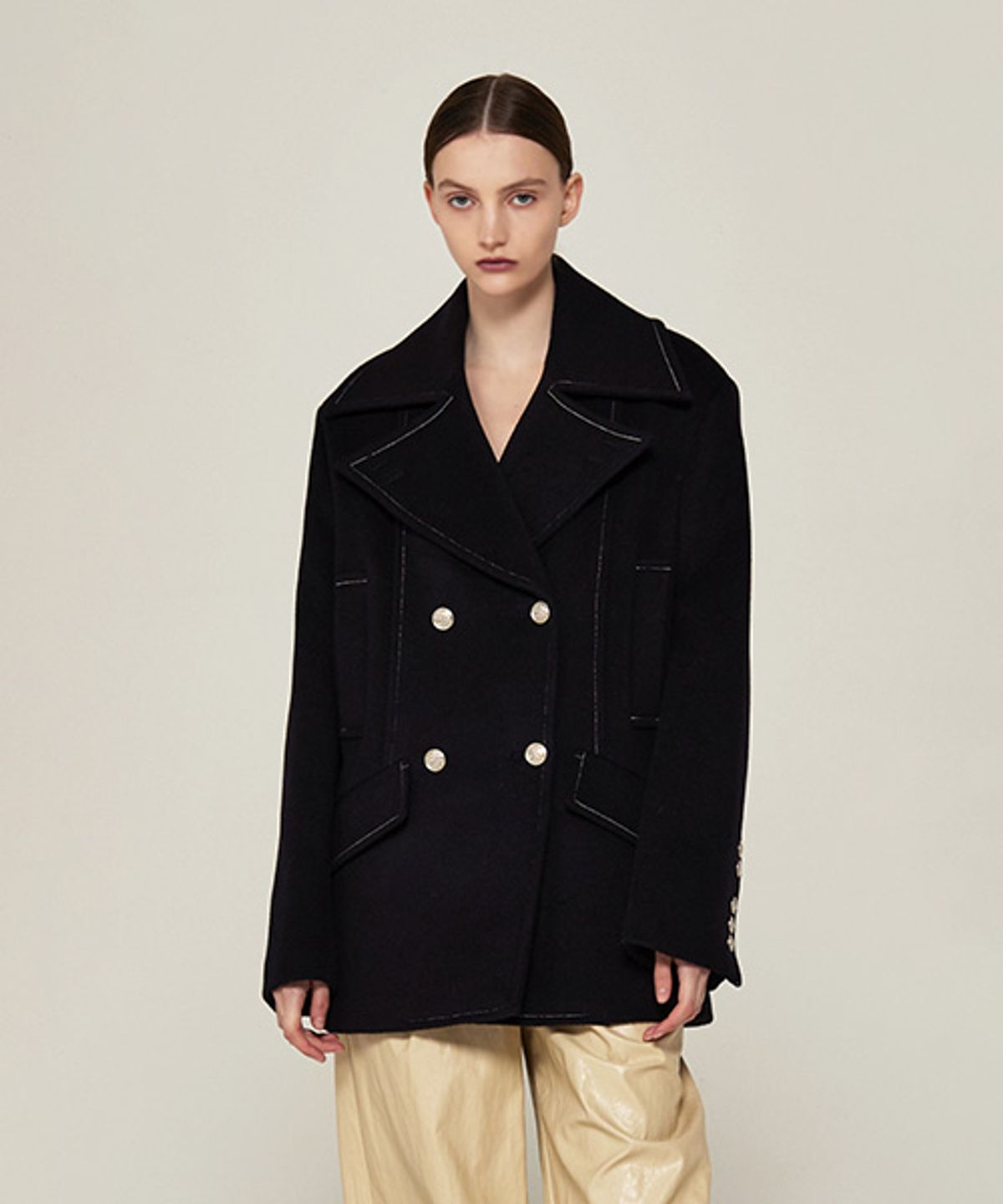 아바몰리(AVA MOLLI) WIDE COLLAR DOUBLE BREASTED PEA COAT (D/NAVY)