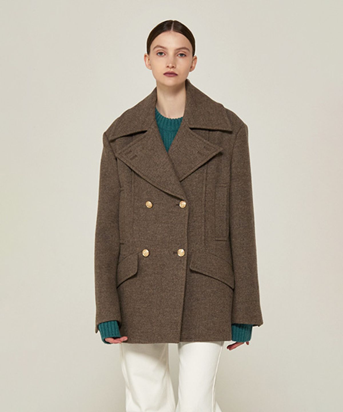아바몰리(AVA MOLLI) WIDE COLLAR DOUBLE BREASTED PEA COAT (L/BROWN)