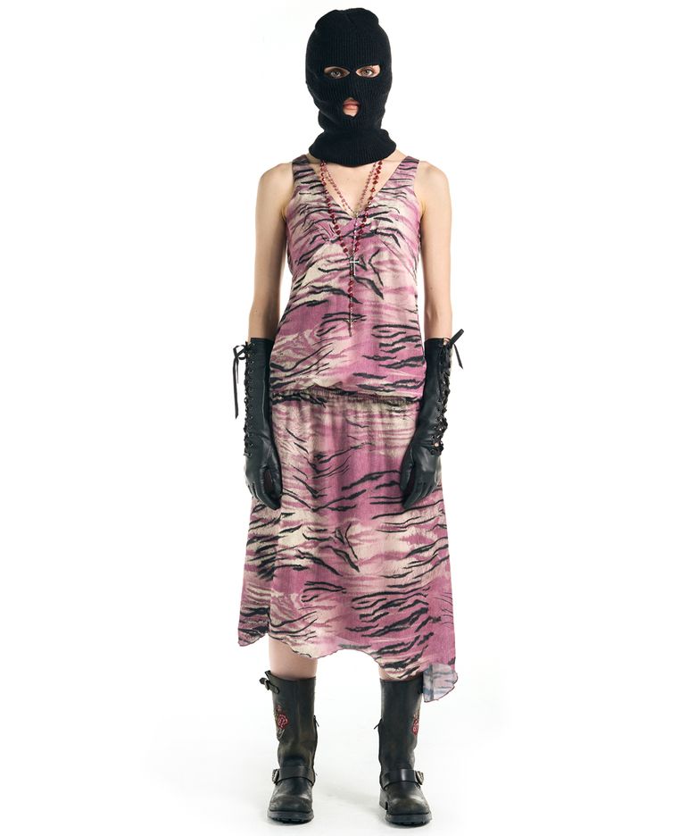 Tiger Pattern Satin Halter Dress Purple