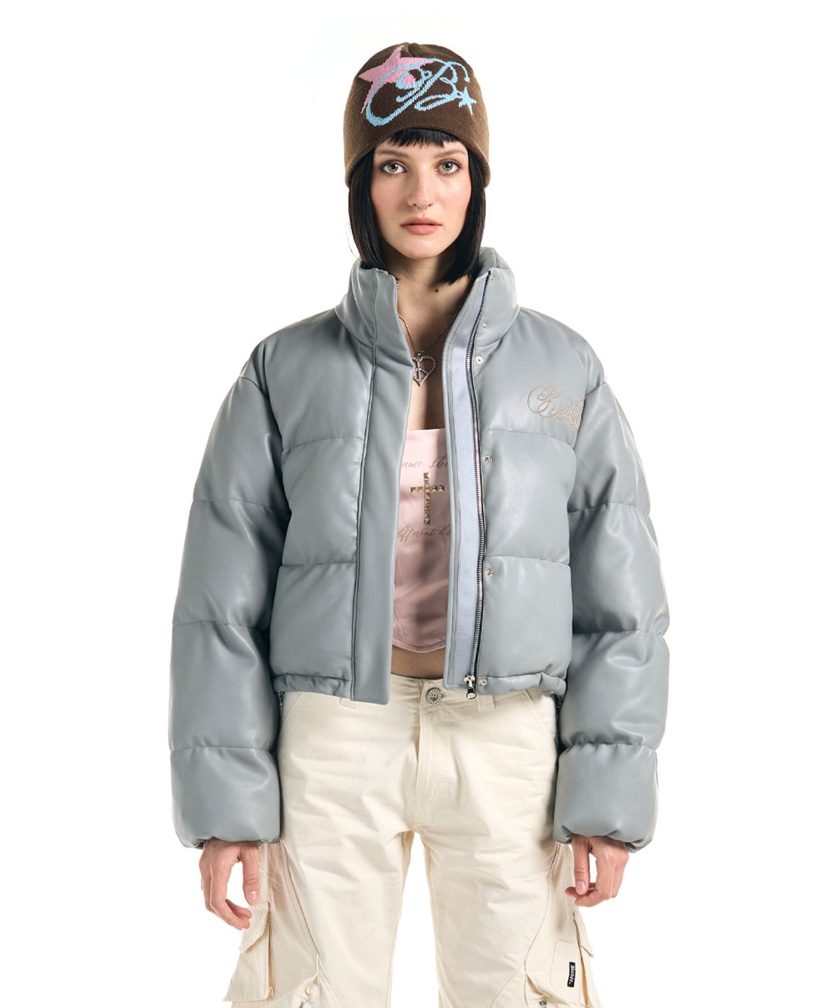 배디(BADEE) Gothic Leather Puffer Jacket Grey